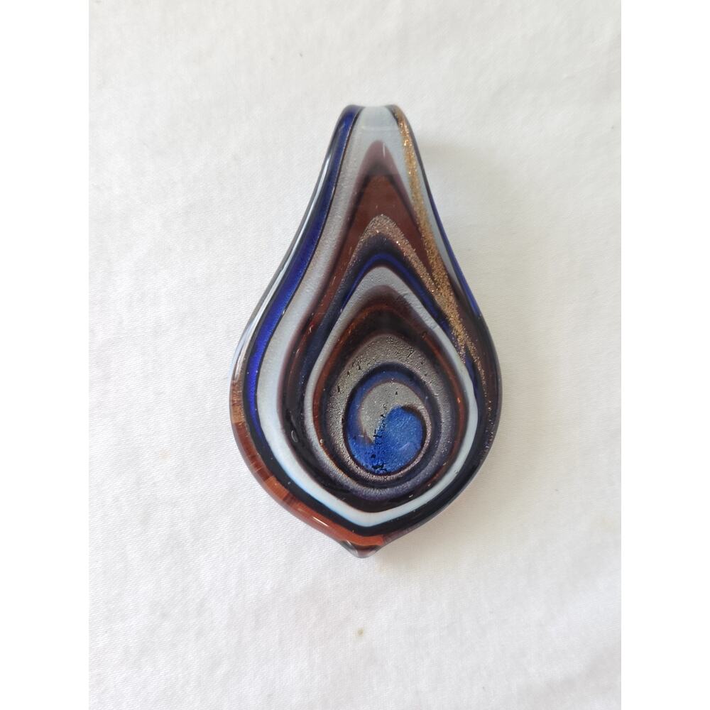 Teardrop Shape Large Murano Style Art Glass Pendant Black Blue Copper Gold Tones